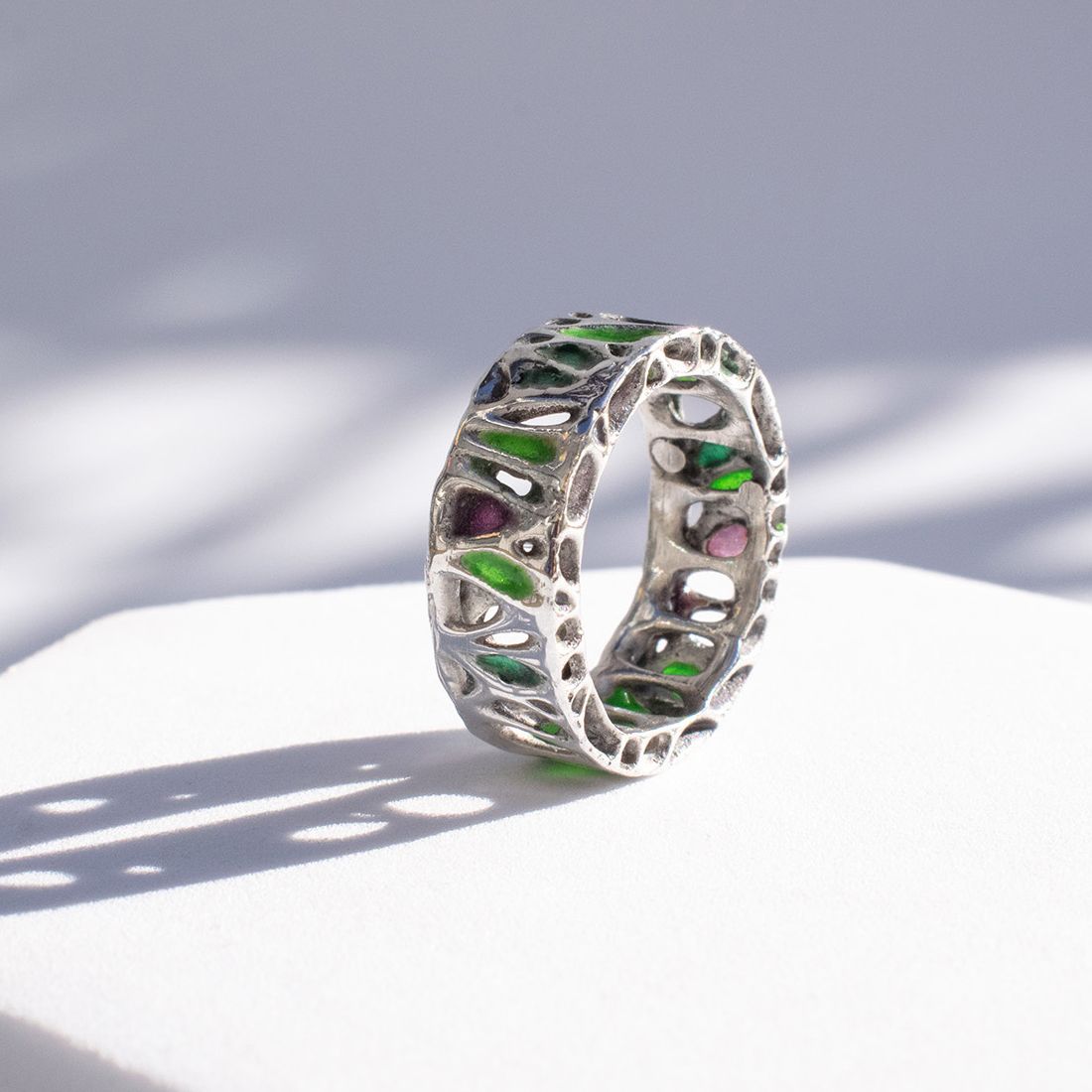 Cellular structure ring: sterling silver, hot enamel